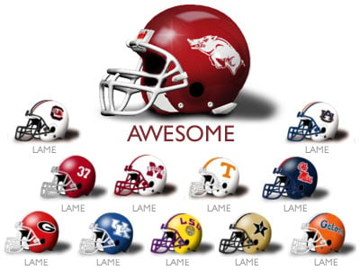 No one else in the SEC can touch the simple white on red hog helmet.